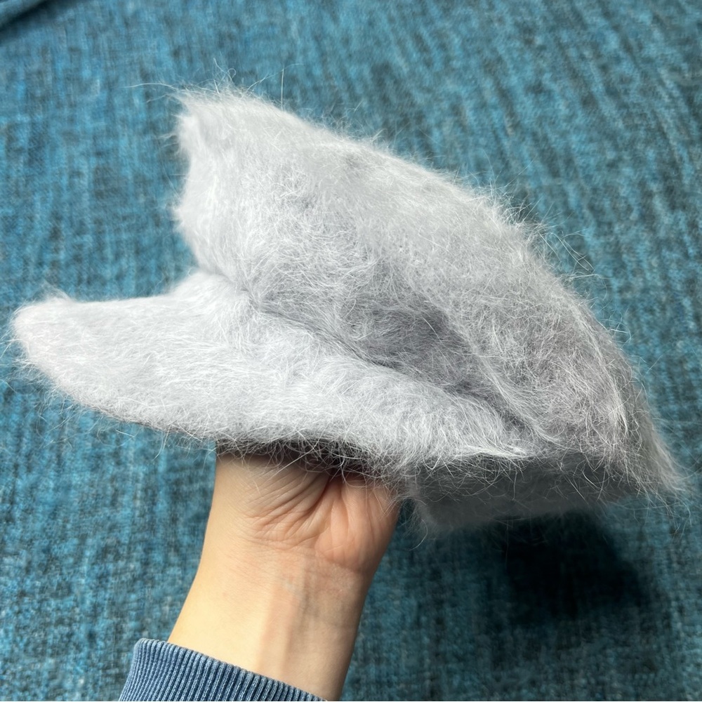 Angora Rabbit Fur Beret Hat with Brim in Light Grey Newsboy Cap